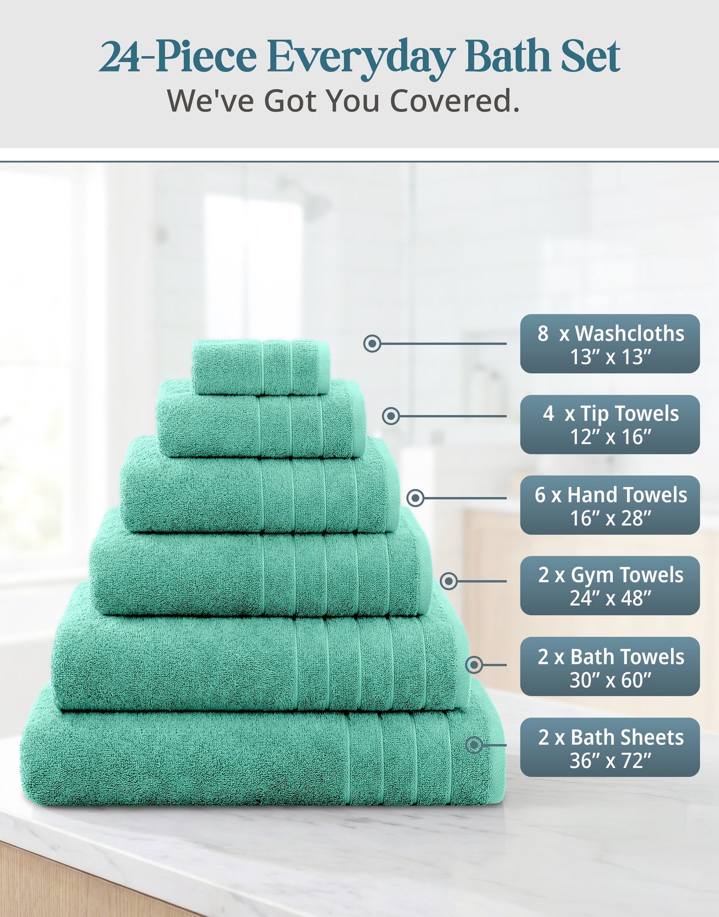 24-Piece Cotton Bath Towel Set cp-gallery: color=Teal; size=24 Piece Set