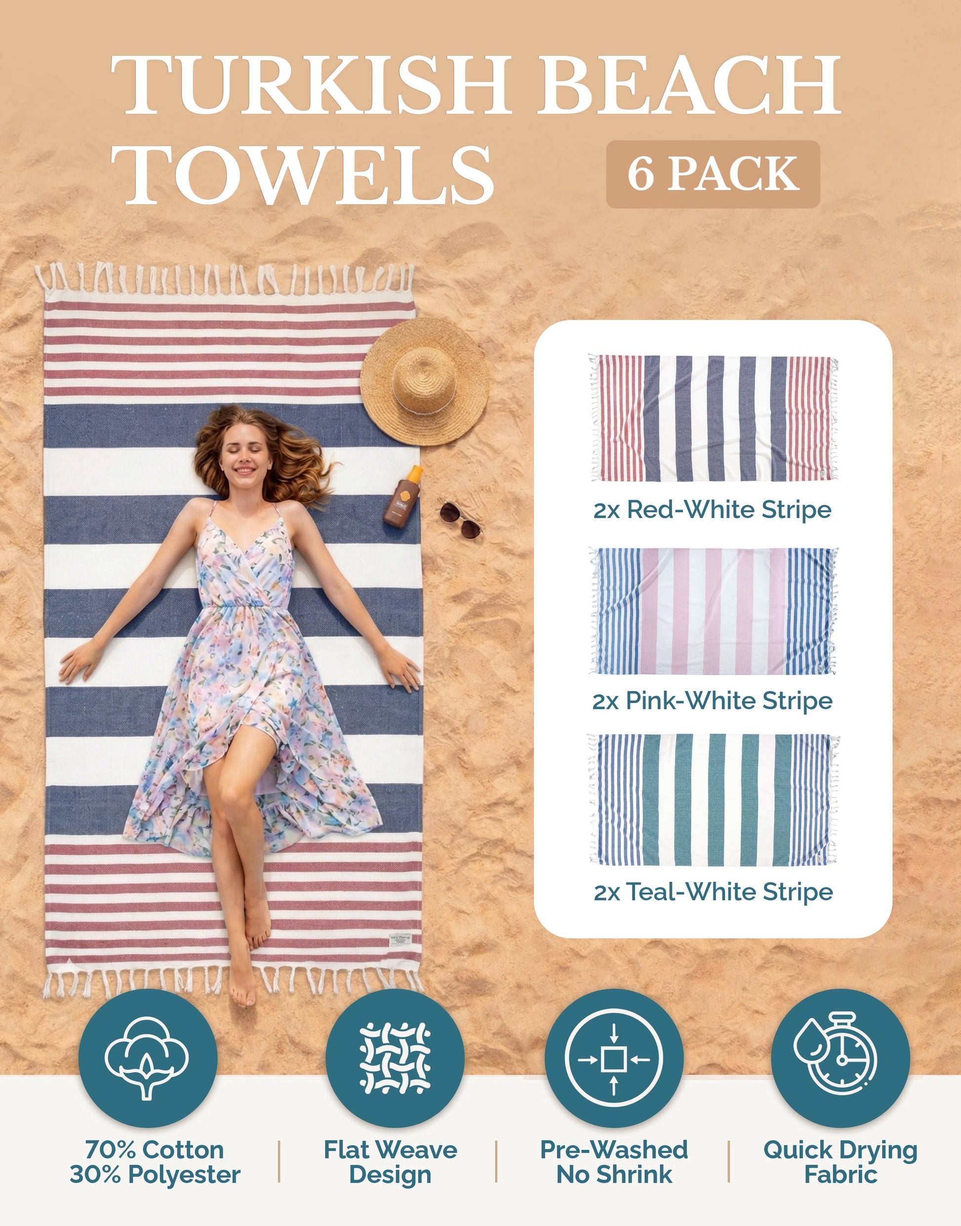 6-Piece Hammam Beach Towels Diamond Weave Set