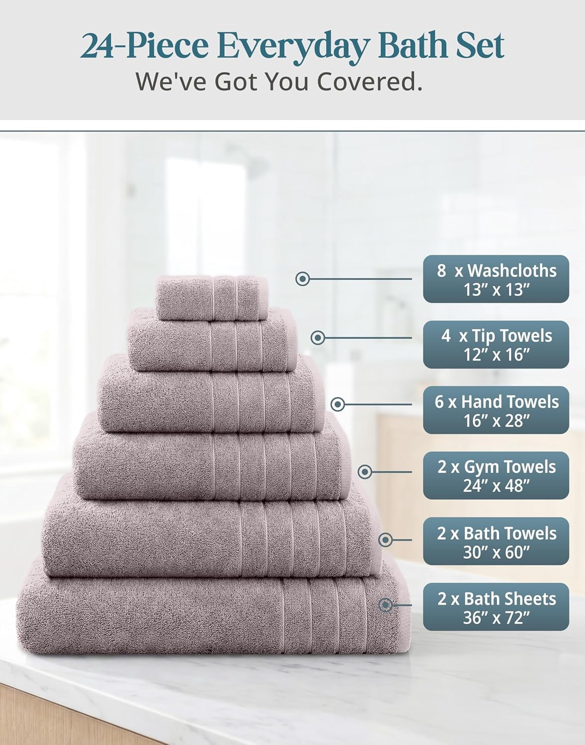 24-Piece Cotton Bath Towel Set cp-gallery: color=Platinum; size=24 Piece Set