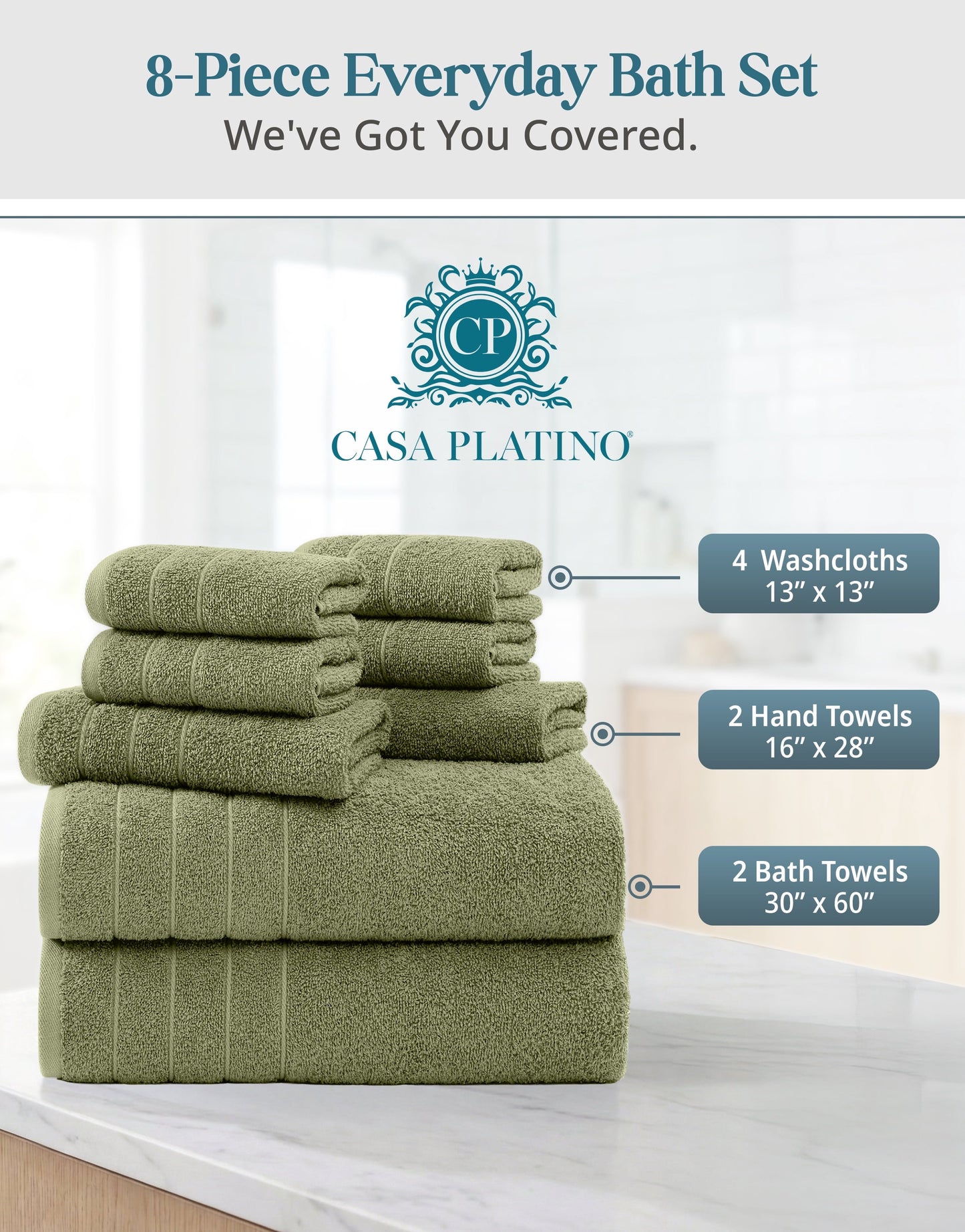 8-Piece Cotton Bath Towel Set cp-gallery: color=Oil Green; size=8 Piece Set