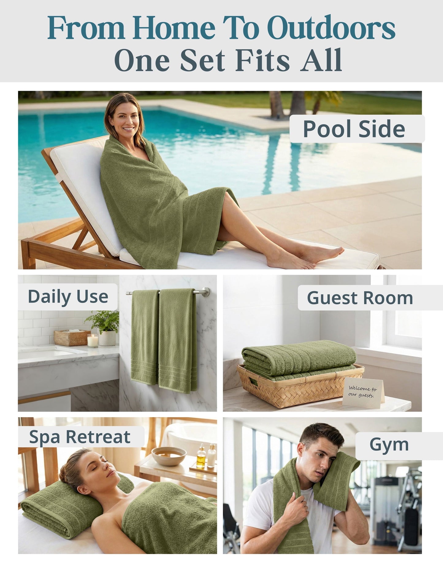 4-Piece Cotton Bath Towels Set cp-gallery: color=Oil Green; size=4 Piece Set