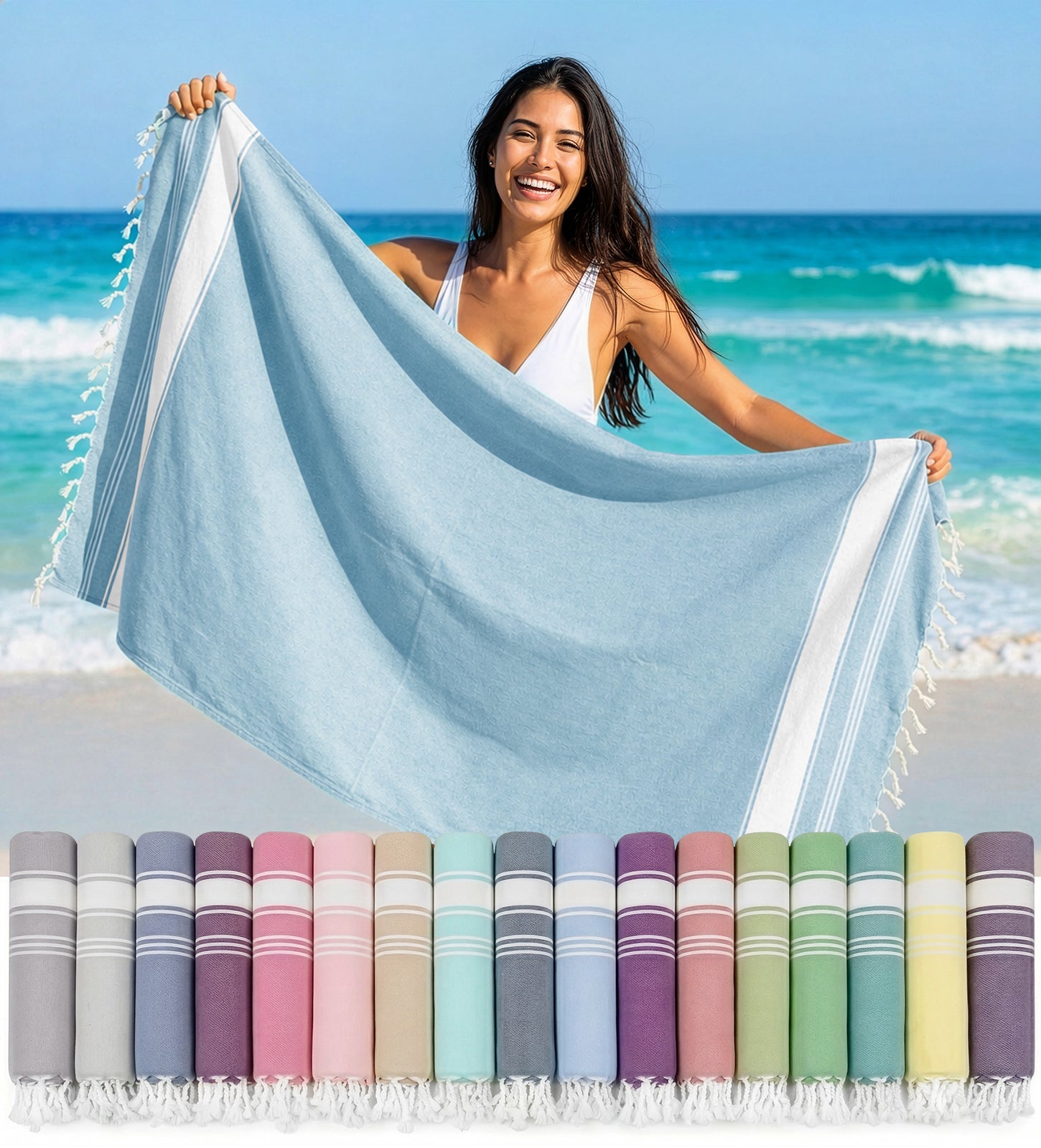 1 PIECE TURKISH BEACH TOWEL SKY-BLUE