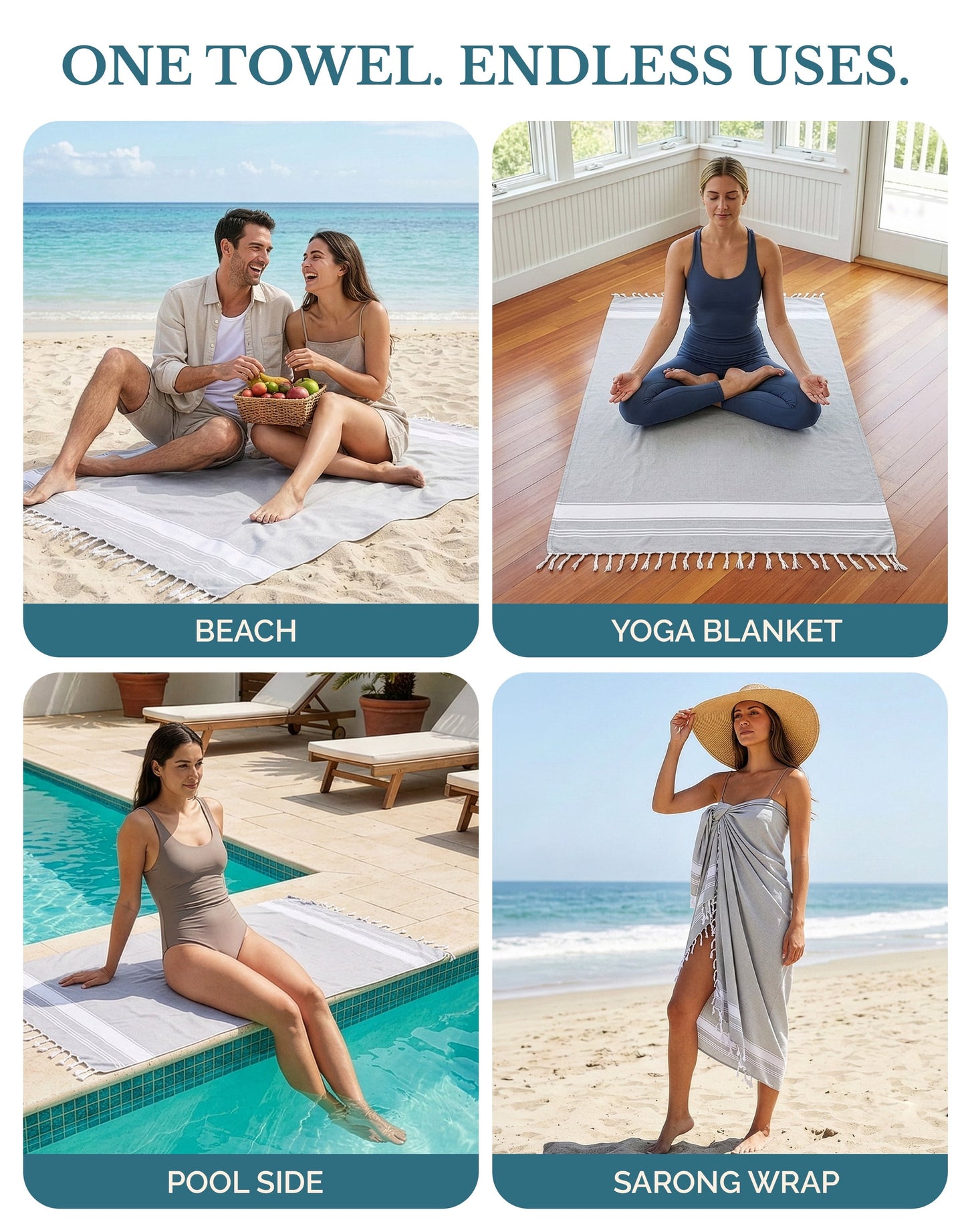 Cotton Hammam Beach Towels Multi-Pack cp-gallery: color=Grey; size=4 Piece Set