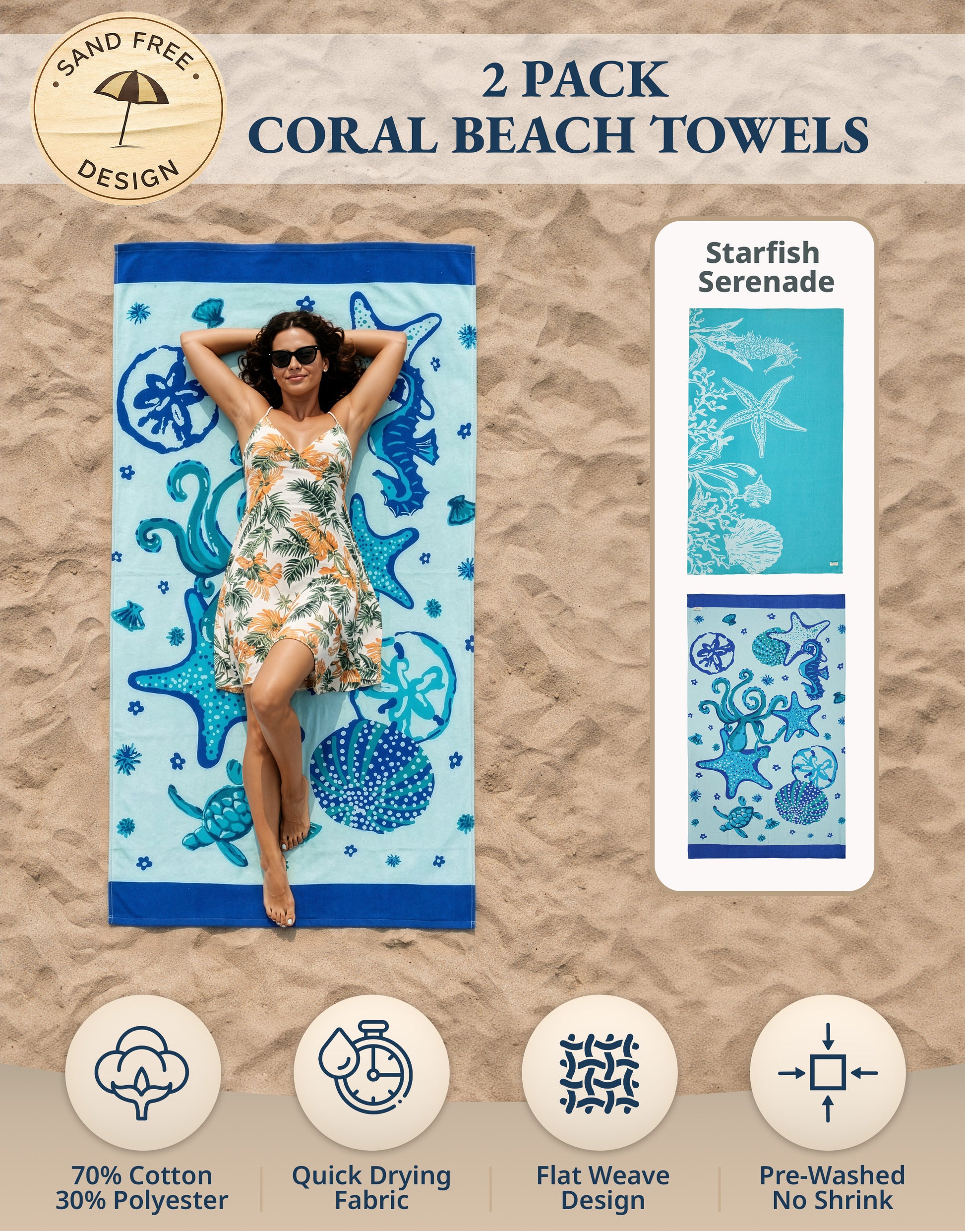 2 PIECE TURKISH BEACH TOWEL SET-STARFISH-SERENADE