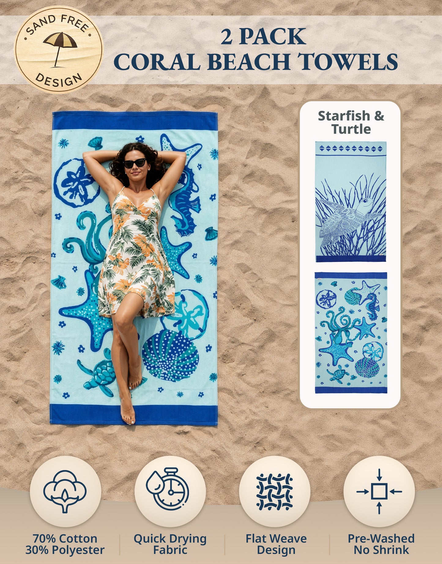 2 PIECE TURKISH BEACH  TOWEL SET-STARFISH-TURTLE