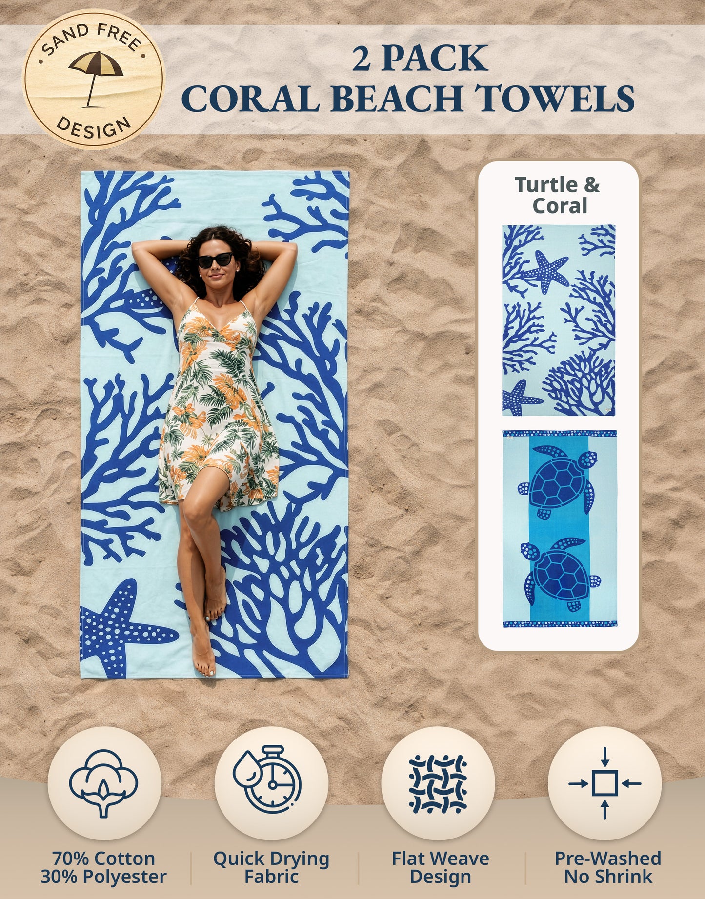2 PIECE TURKISH BEACH TOWEL SET-TURTLE-CORAL