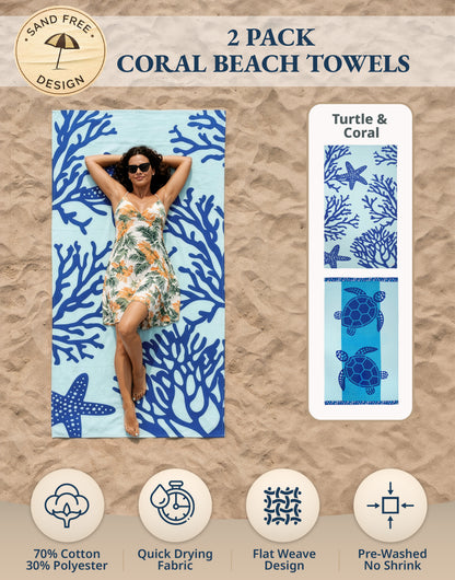 2 PIECE TURKISH BEACH TOWEL SET-TURTLE-CORAL