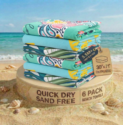 6 PIECE TURKISH BEACH TOWEL SET-Blue-Shore
