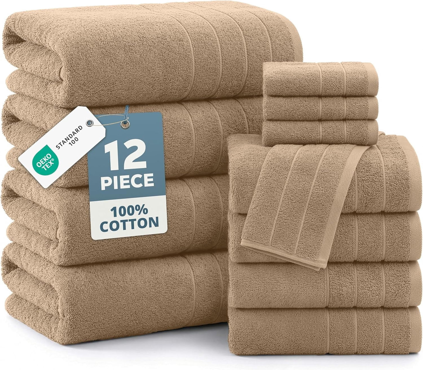 12-Piece Cotton Bath Towel Set cp-gallery: color=Beige; size=12 Piece Set