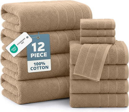 12-Piece Cotton Bath Towel Set cp-gallery: color=Beige; size=12 Piece Set