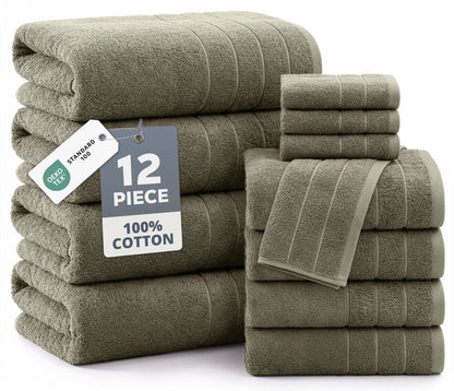 12-Piece Cotton Bath Towel Set cp-gallery: color=Oil Green; size=12 Piece Set