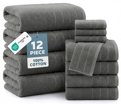 12-Piece Cotton Bath Towel Set cp-gallery: color=Cool Grey; size=12 Piece Set