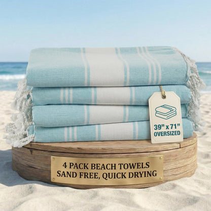 Cotton Hammam Beach Towels Multi-Pack cp-gallery: color=Aqua Blue; size=4 Piece Set