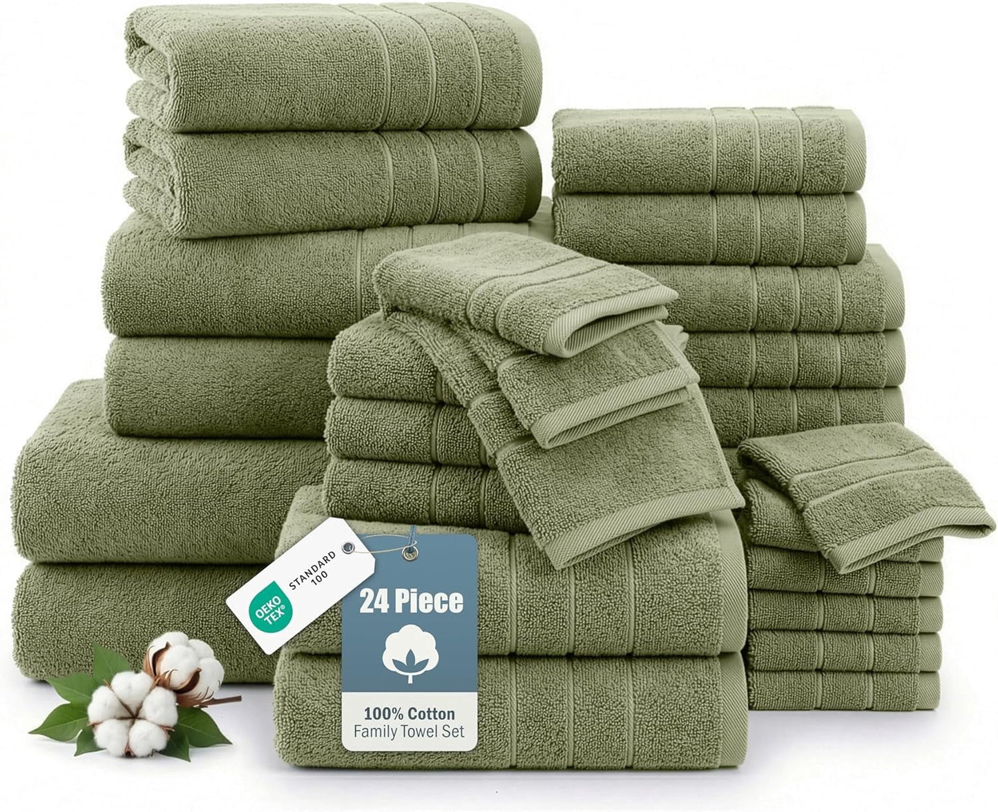 24-Piece Cotton Bath Towel Set cp-gallery: color=Oil Green; size=24 Piece Set