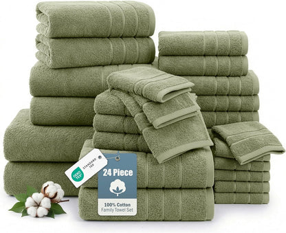 24-Piece Cotton Bath Towel Set cp-gallery: color=Oil Green; size=24 Piece Set