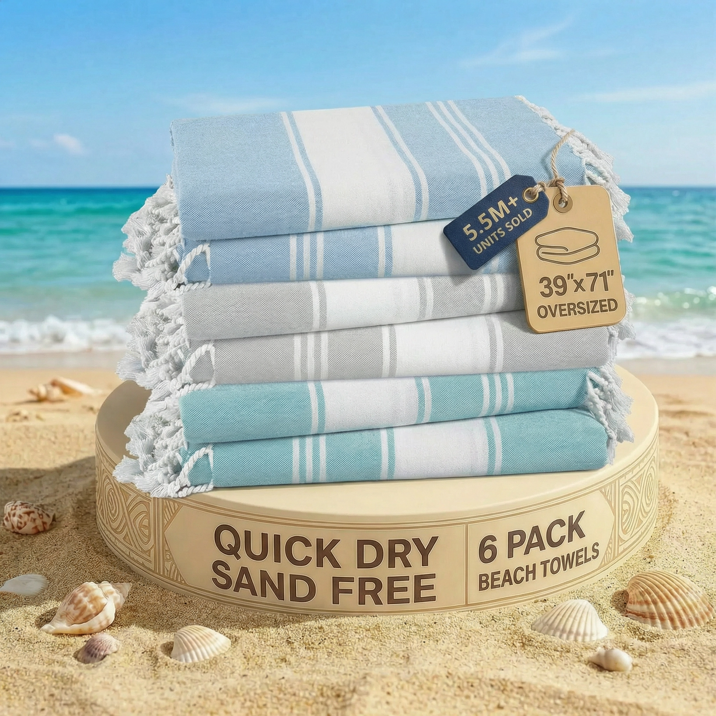 6 PIECE TURKISH BEACH TOWEL SET-Classic-Color