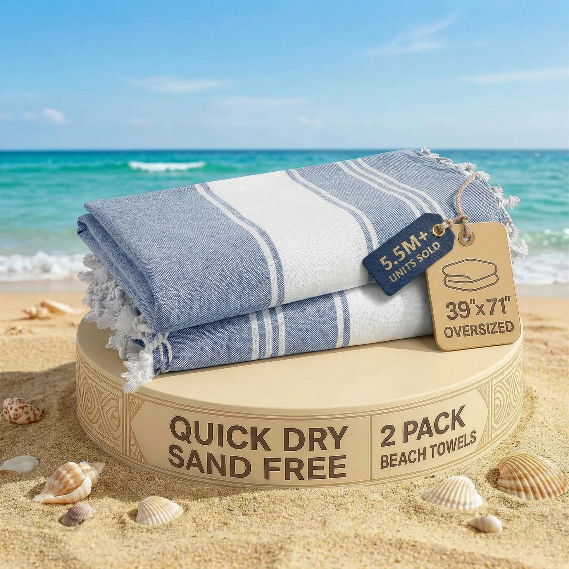 2 PIECE TURKISH BEACH TOWEL SET-FOREVER-BLUE