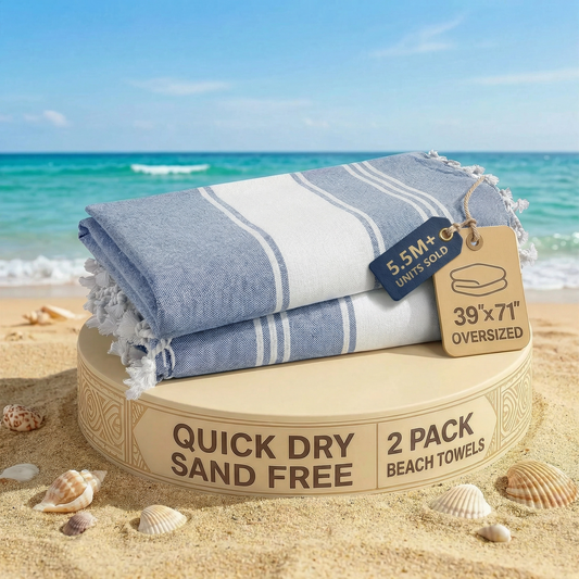 2 PIECE TURKISH BEACH TOWEL SET-FOREVER-BLUE