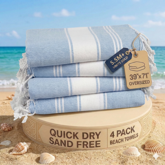 4 PIECE TURKISH BEACH TOWEL SET-SKY-BLUE