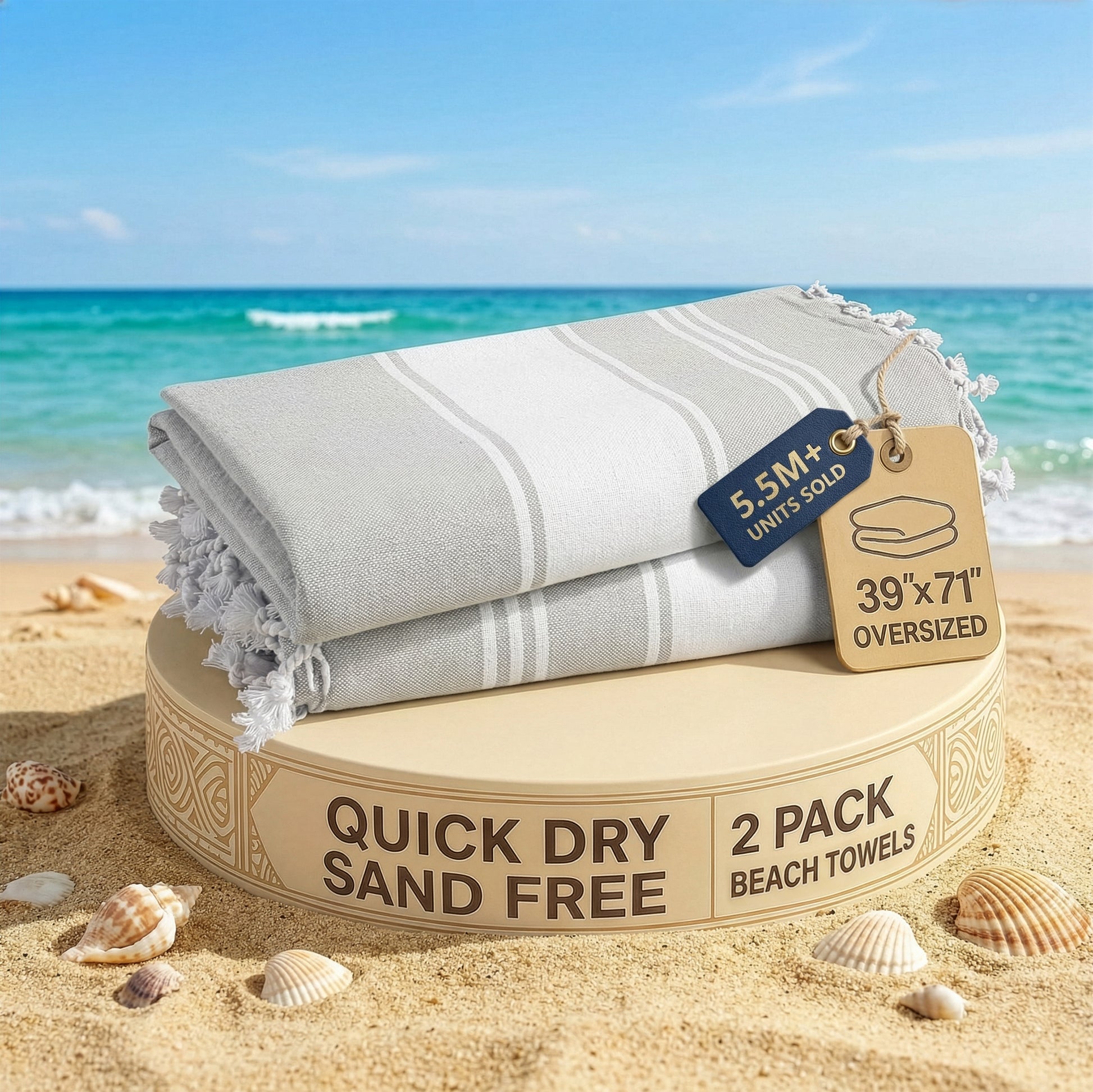 2 PIECE TURKISH BEACH TOWEL SET-GREY