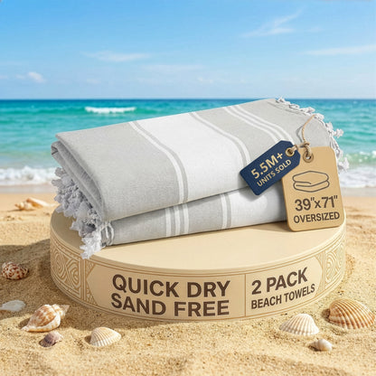 2 PIECE TURKISH BEACH TOWEL SET-GREY