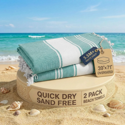 2 PIECE TURKISH BEACH TOWEL SET-HUNTER-GREEN