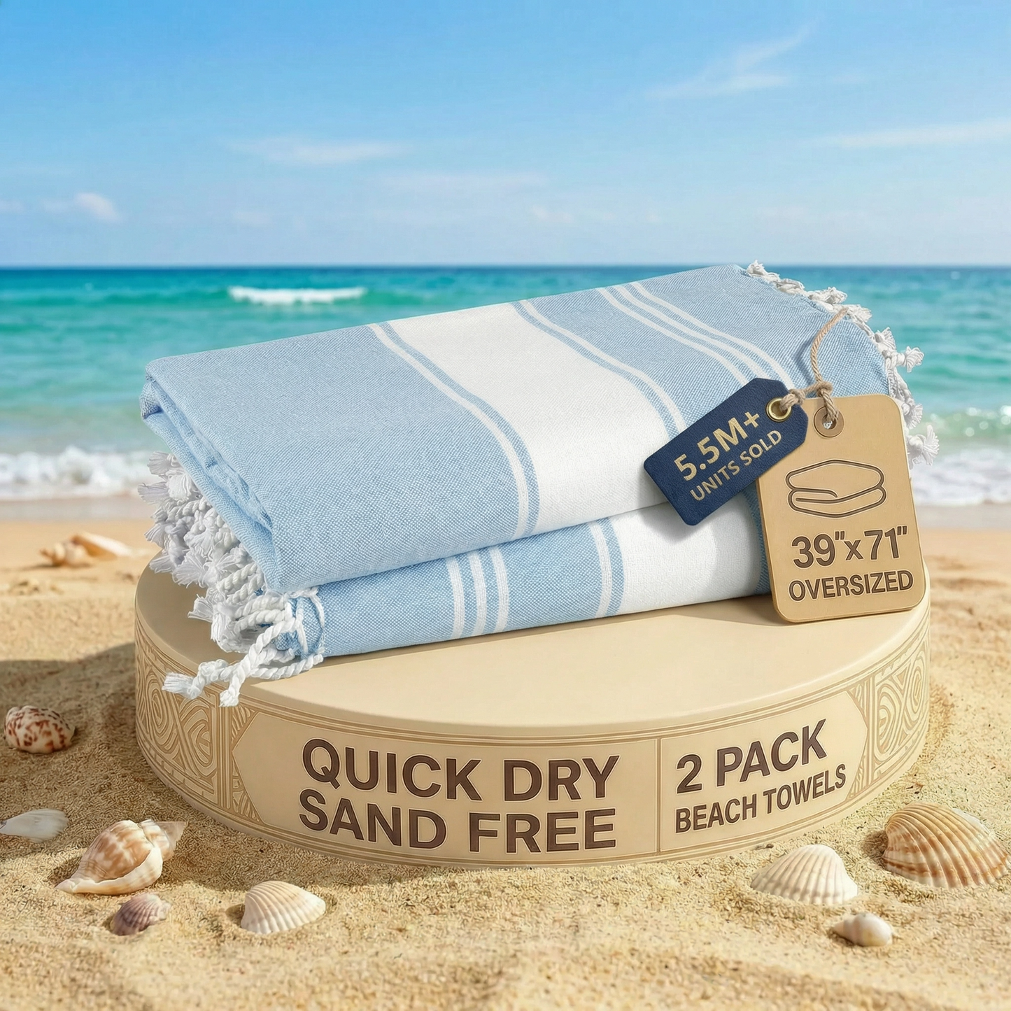 2 PIECE TURKISH BEACH TOWEL SET-SKY-BLUE