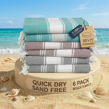 6 PIECE TURKISH BEACH TOWEL SET-Summer-Color
