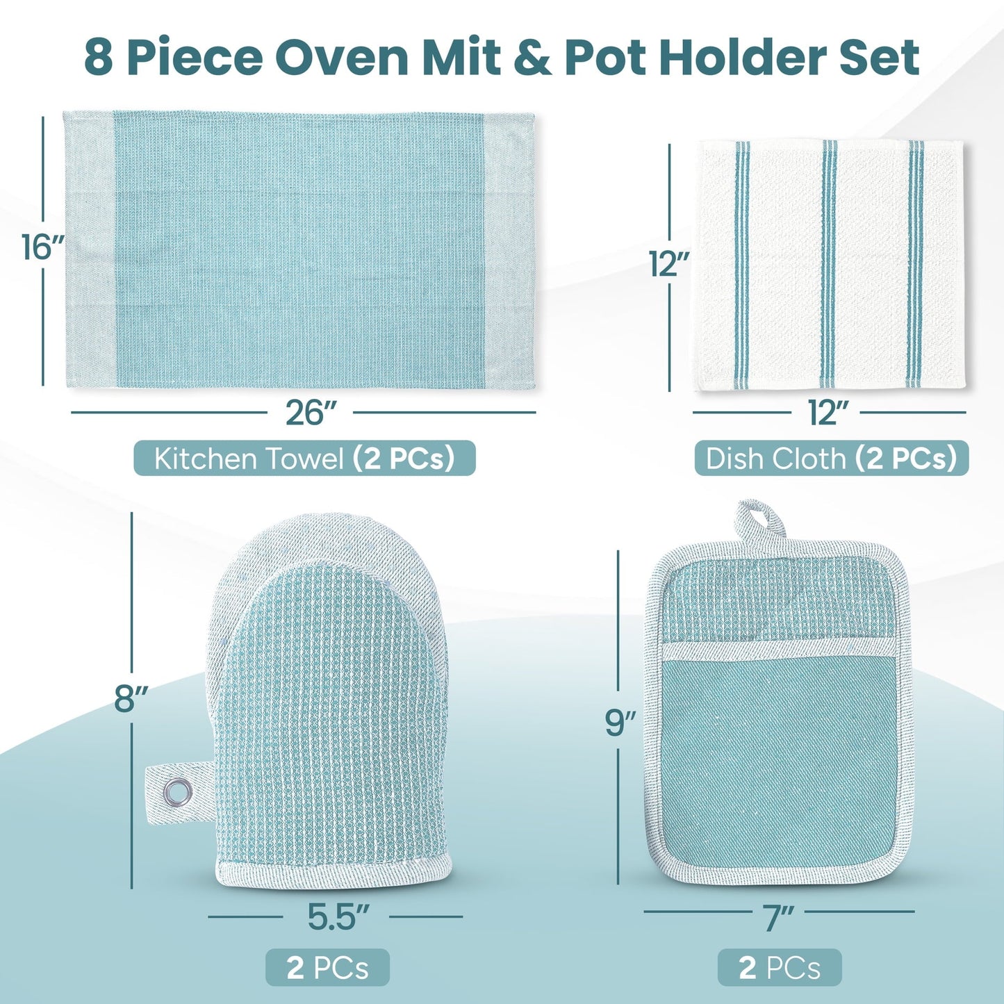 Kitchen Set - Oven Mitts, Pot Holders & Towels cp-gallery: color=Aqua; size=8 Piece Set