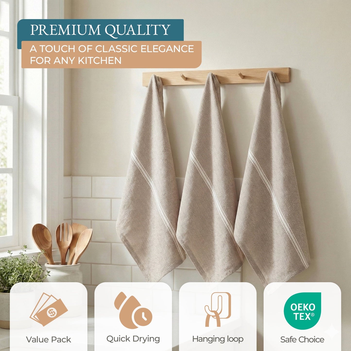 Herringbone Kitchen Towel Set cp-gallery: color=Beige; size=12 Piece Set