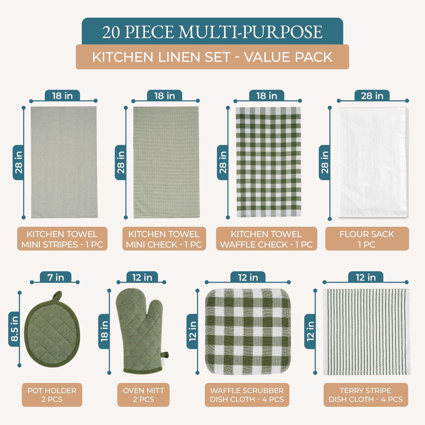 20-Piece Kitchen Towel Set Cotton Dish Towels cp-gallery: color=Olive Green; size=20 Piece Set