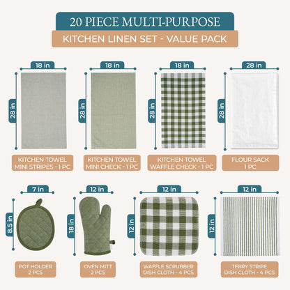 20-Piece Kitchen Towel Set Cotton Dish Towels cp-gallery: color=Olive Green; size=20 Piece Set