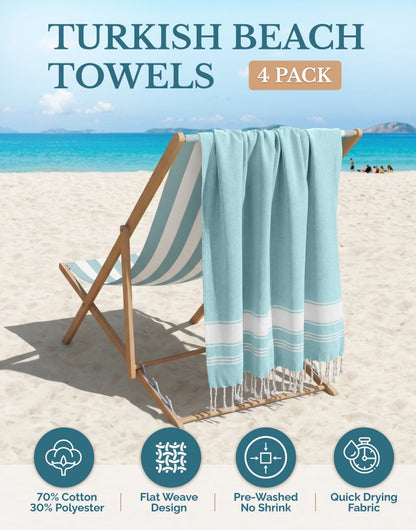 Cotton Hammam Beach Towels Multi-Pack cp-gallery: color=Aqua Blue; size=4 Piece Set