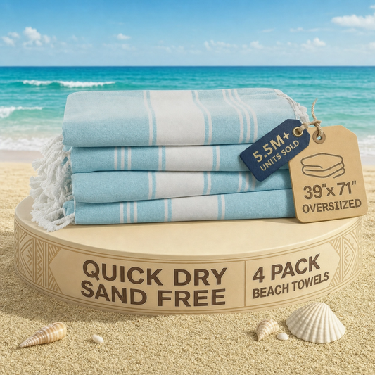 4 PIECE TURKISH BEACH TOWEL SET-AQUA