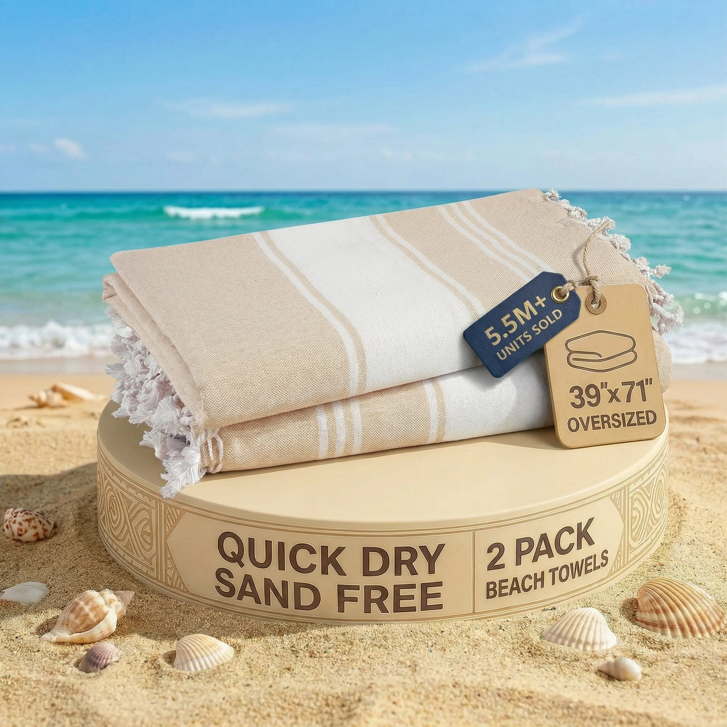 2 PIECE TURKISH BEACH TOWEL SET-BEIGE