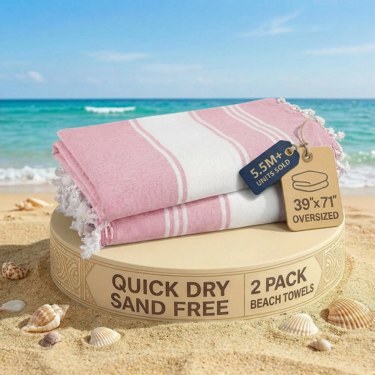 2 PIECE TURKISH BEACH TOWEL SET-CANDY-PINK