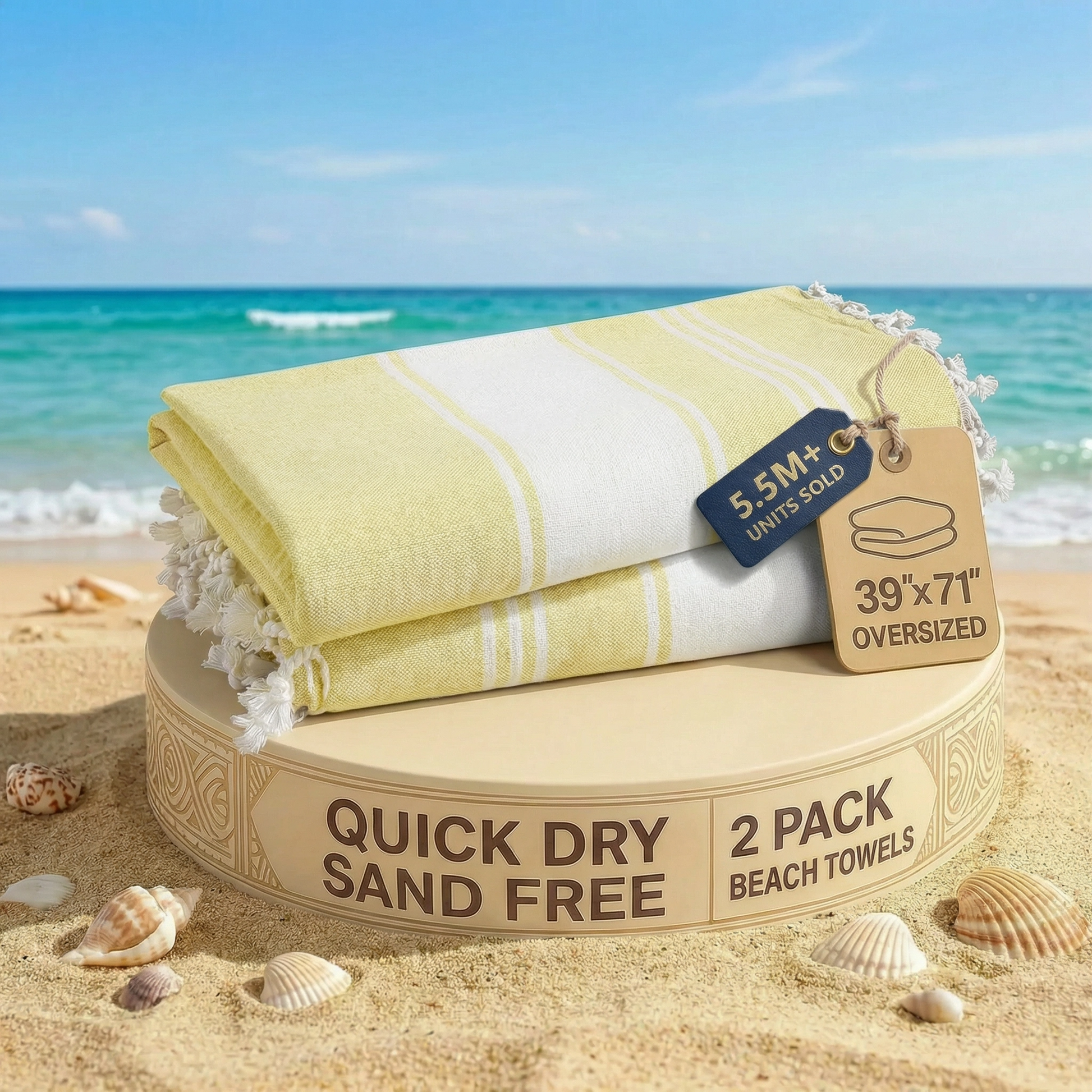 2 PIECE TURKISH BEACH TOWEL SET-YELLOW