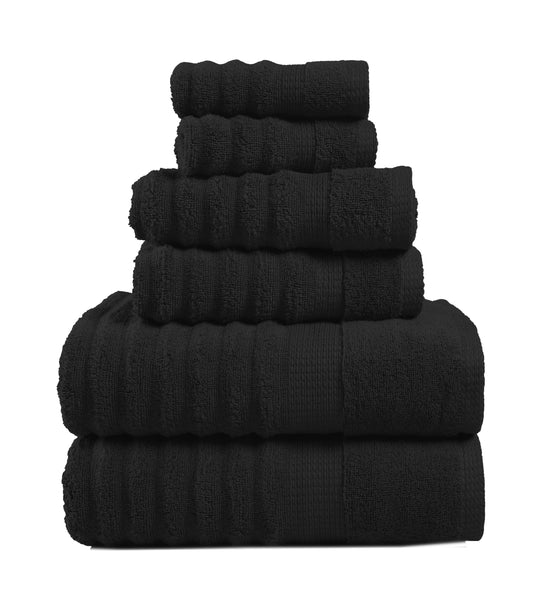 6 Piece Ribbed Cotton Towel Set - Black