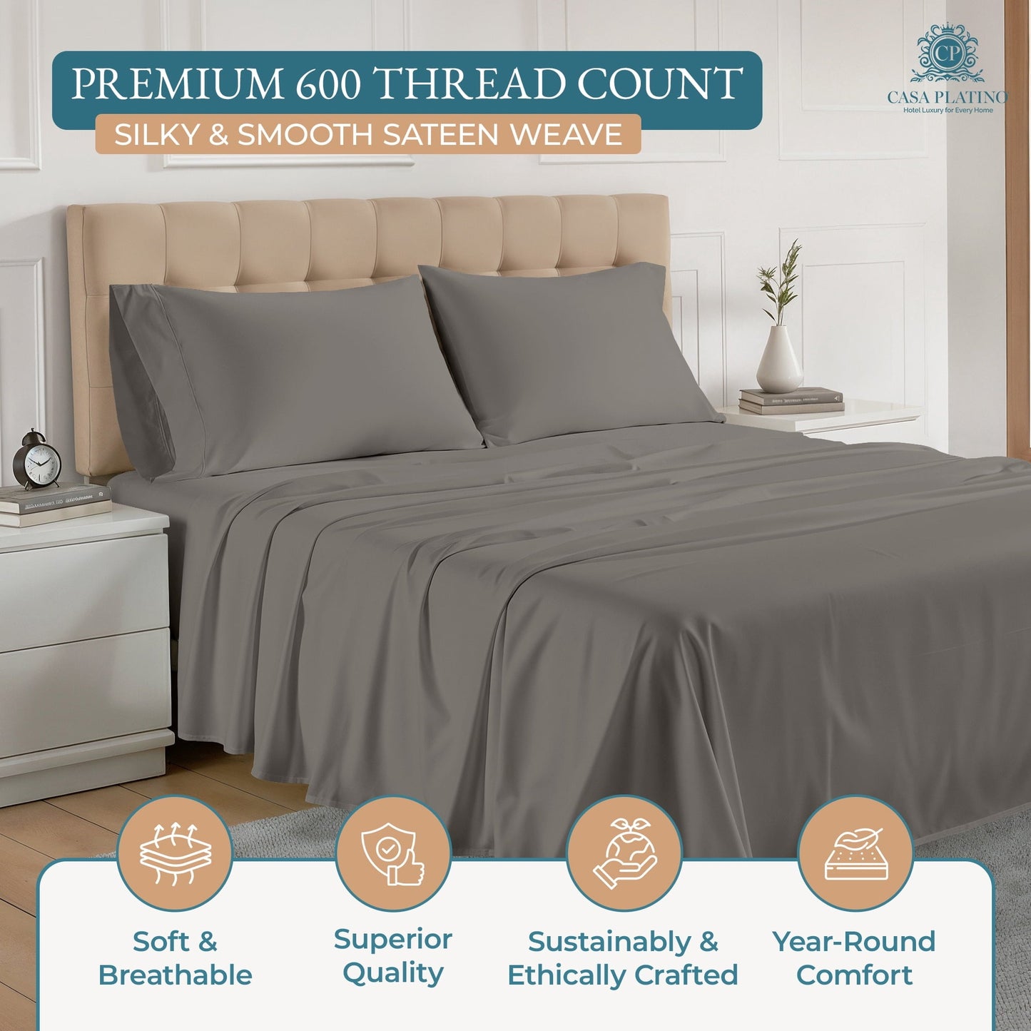 600 Thread Count Cotton Sheet Set cp-gallery: color=Charcoal; size=Twin-XL