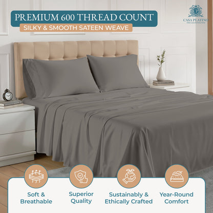 600 Thread Count Cotton Sheet Set cp-gallery: color=Charcoal; size=Twin-XL