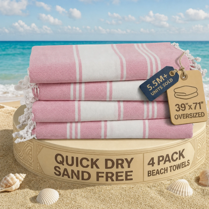 4 PIECE TURKISH BEACH TOWEL SET-CANDY-PINK