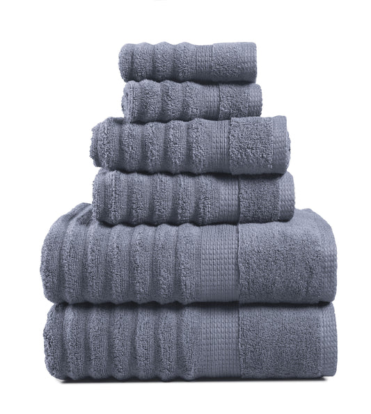 6 Piece Ribbed Cotton Towel Set - Cool Grey