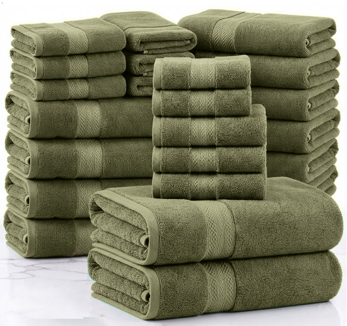 24 Piece 100% Cotton Towel Set - Oil Green