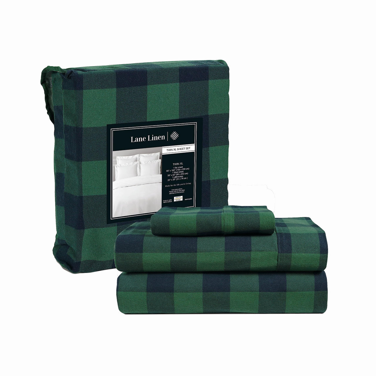 Lane Linen 100% cotton flannel sheet set in Buffalo Check Green, Twin XL