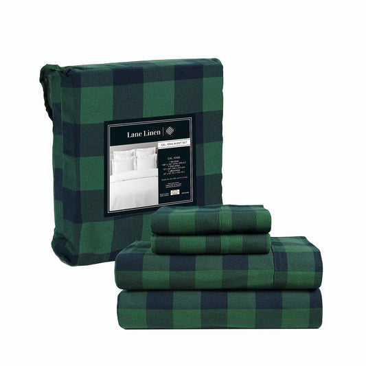 Lane Linen 100% cotton flannel sheet set in Buffalo Check Green, California King