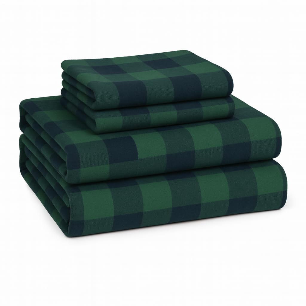 Lane Linen 100% cotton flannel sheet set in Buffalo Check Green, King