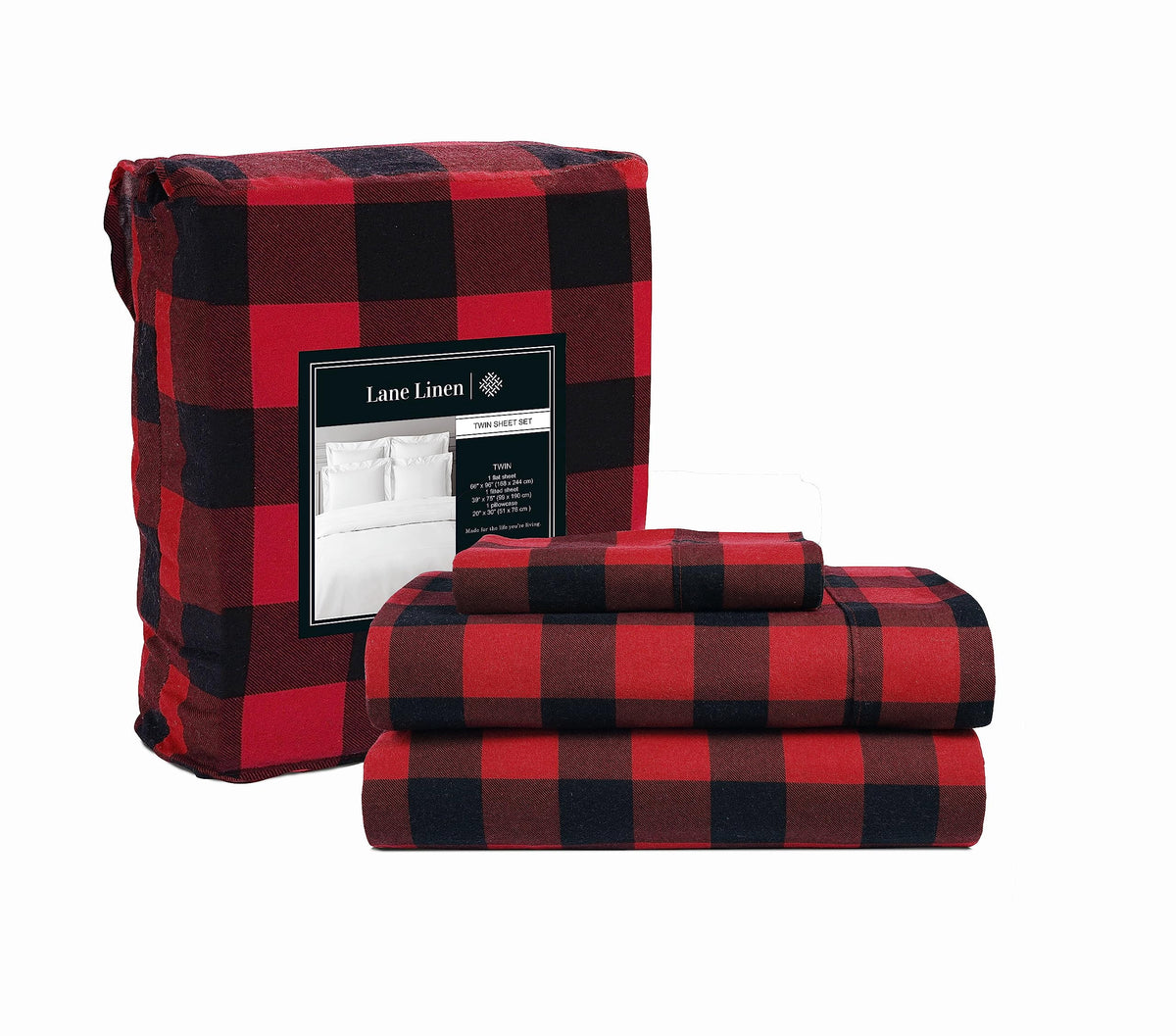 Lane Linen 100% cotton flannel sheet set in Buffalo Check Red, Twin