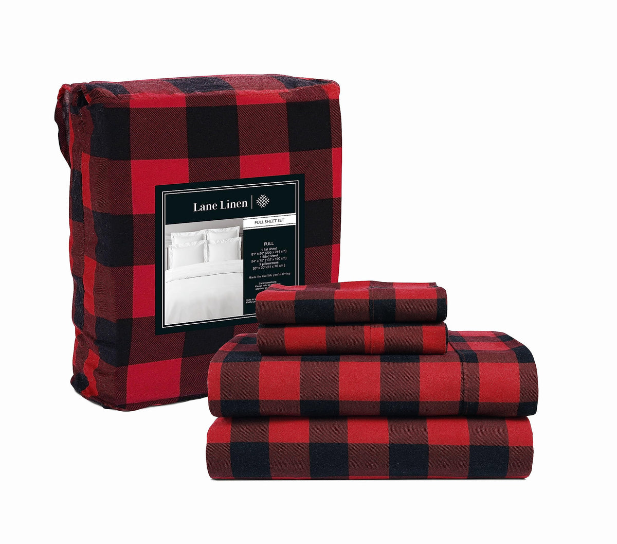Lane Linen 100% cotton flannel sheet set in Buffalo Check Red, Queen