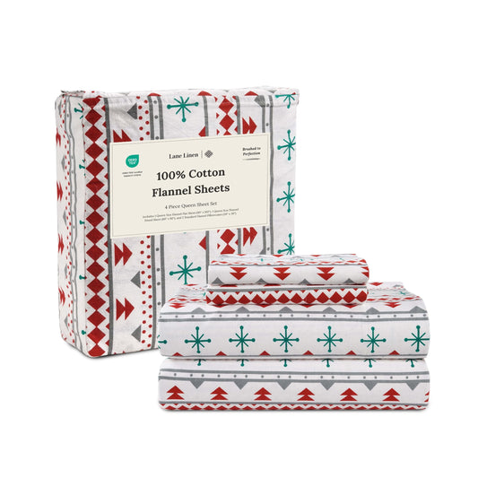 Lane Linen 100% cotton flannel sheet set in Snowflake Red, Queen