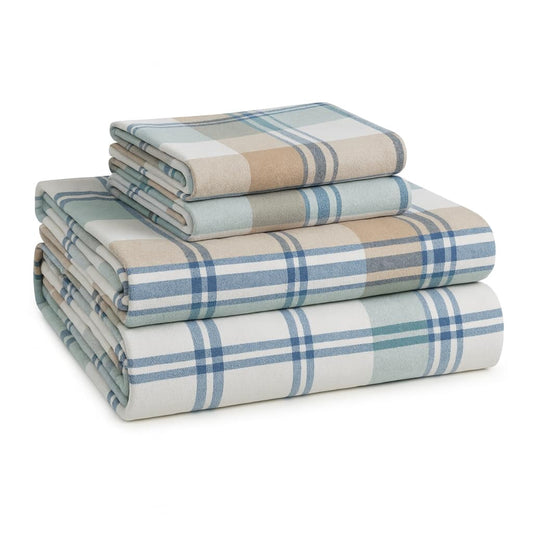 Lane Linen 100% cotton flannel sheet set in White Plaid, Queen